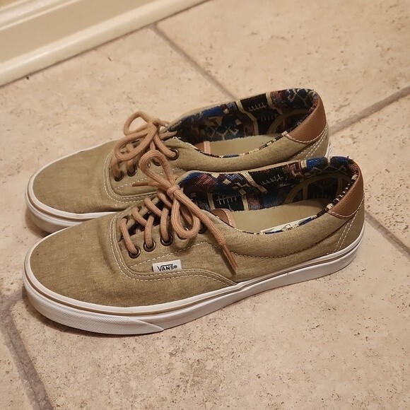Vans Green Khaki Canvas & Leather Shoes w/ Printed Interior M 8.5 W 10 - Picture 2 of 8